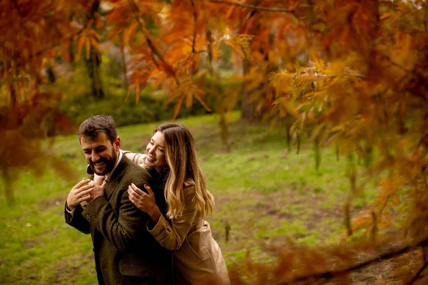 Bella Giovane Coppia Nel Parco Autunnale — Foto Stock