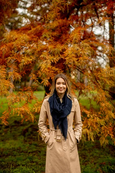 Vacker Ung Kvinna Står Höstparken — Stockfoto