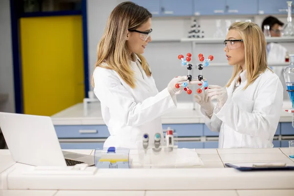 Vrouwelijke Chemici Met Veiligheidsbril Houden Moleculair Model Het Lab — Stockfoto