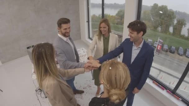 Group of excited business people celebrating and toasting with confetti falling in office — Wideo stockowe