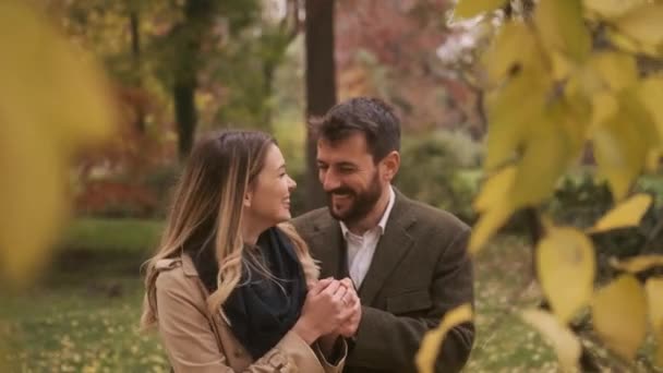 Hermosa Pareja Joven Caminando Parque Otoño — Vídeo de stock