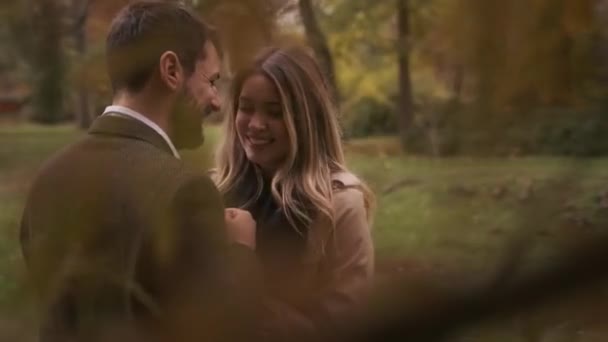 Beau Jeune Couple Marchant Dans Parc Automne — Video