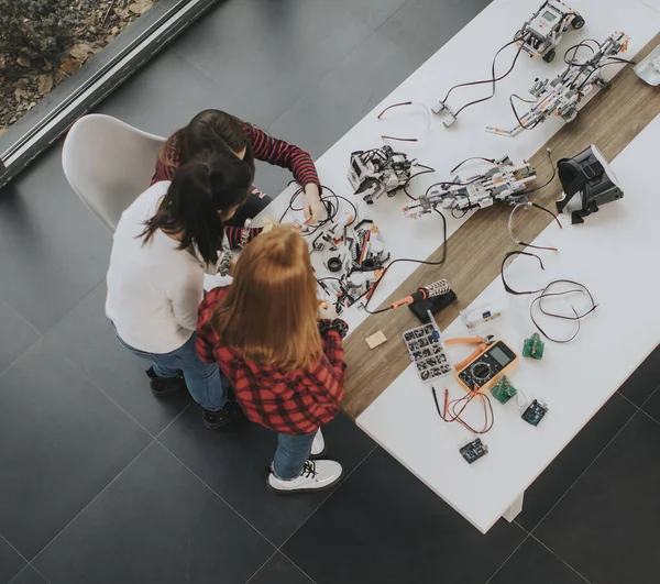 Vista Aérea Niñas Lindas Programando Juguetes Eléctricos Robots Aula Robótica —  Fotos de Stock