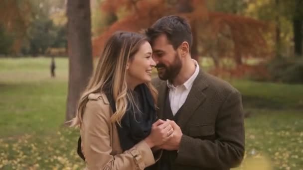 Handsome Young Couple Walking Autumn Park — Stock Video