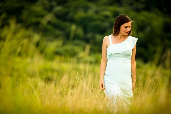 Pretty Młoda Ciężarna Kobieta Relaksująca Się Zewnątrz Naturze Letni Dzień — Zdjęcie stockowe