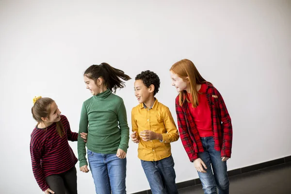 Portrait Cute Little Kids Jeans Talking Smiling Walking White Wall — Stock Photo, Image