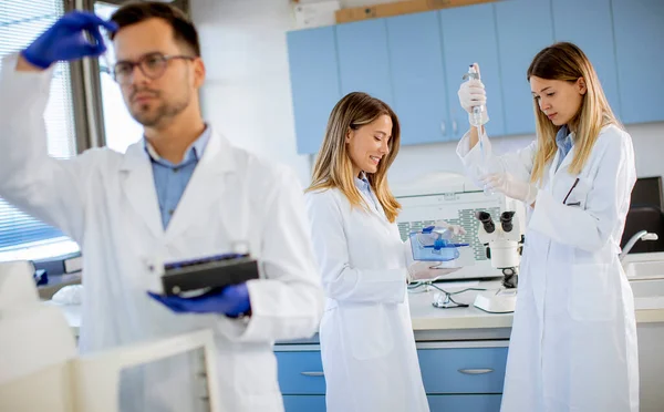 Söta Kvinnliga Forskare Vit Labbrock Som Arbetar Laboratoriet — Stockfoto