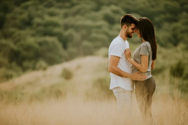 幸せな若いですカップルで愛で歩く草のフィールド上の夏の日 — ストック写真