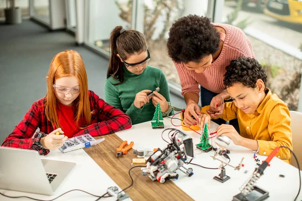 Gruppe Glücklicher Kinder Mit Ihrer Afroamerikanischen Naturwissenschaftlerin Mit Laptop Programmierung — Stockfoto