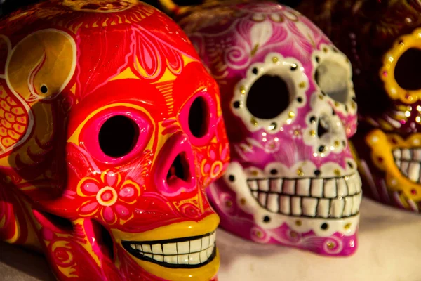 Calacas Cráneo Madera Día Los Muertos Máscaras Mercado Cabo San — Foto de Stock