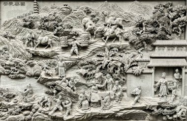 Çin, Pekin yakınlarındaki Badachu 'daki Linguang Manastırı' nın duvarına oyma detayları.