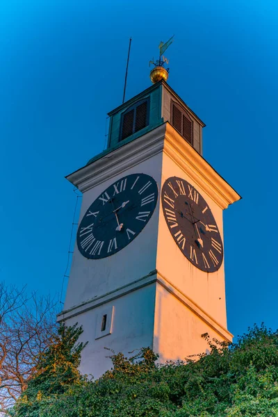 Sırbistan Novi Sad Kentindeki Petrovaradin Kalesindeki Eski Saat Kulesine Bak — Stok fotoğraf