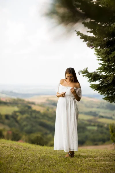 Jeune Femme Enceinte Robe Blanche Dans Forêt Jour Été — Photo