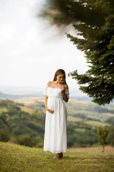 Молодая Беременная Женщина Белом Платье Лесу Летний День — стоковое фото