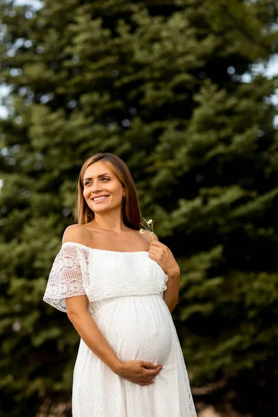 Young Pregnant Woman White Dress Forest Summer Day — Stock Photo, Image