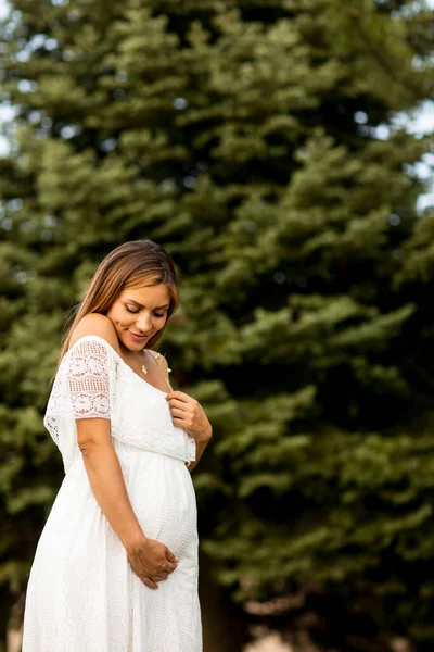 Молодая Беременная Женщина Белом Платье Лесу Летний День — стоковое фото