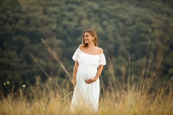 Mujer Embarazada Joven Vestido Blanco Campo Verano — Foto de Stock