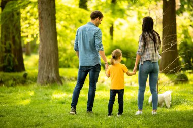 Parkta şirin bir bizon köpeği olan mutlu genç bir aile.