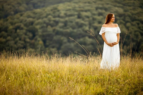 Νεαρή Έγκυος Γυναίκα Λευκό Φόρεμα Στο Καλοκαιρινό Χωράφι — Φωτογραφία Αρχείου