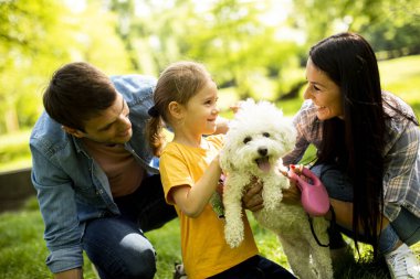 Güzel, mutlu bir aile parkta bizon köpeğiyle eğleniyor.
