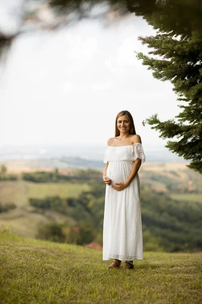 Jeune Femme Enceinte Robe Blanche Dans Forêt Jour Été — Photo