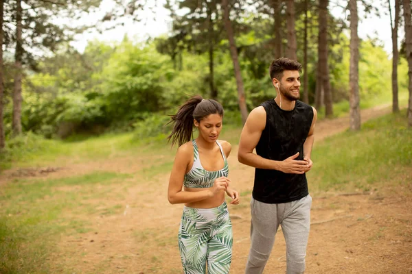 Young Fitness Couple Running Forest Trail Summer Day — Stock Photo, Image