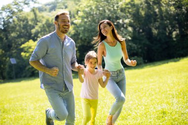 Güneşli bir günde parkta koşan küçük tatlı kızıyla mutlu bir aile.