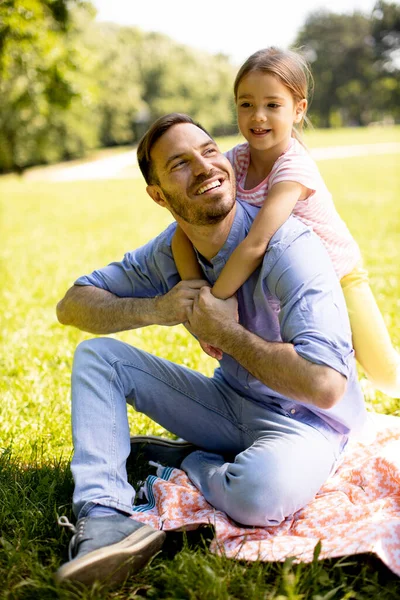 爸爸和可爱的小女儿在公园的草地上玩得很开心 — 图库照片