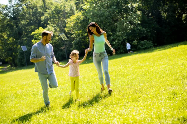 晴れた日に公園を走っているかわいい娘と幸せな若い家族 — ストック写真