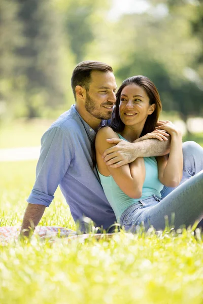 Pareja Joven Cariñosa Sentada Hierba Verde Parque —  Fotos de Stock