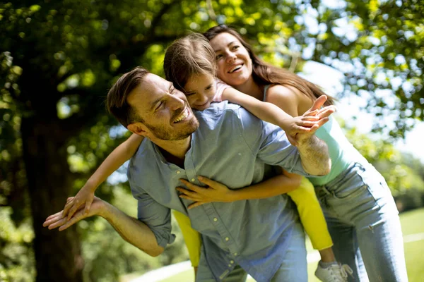 Happy Young Family Cute Little Daughter Having Fun Park Sunny — Stock Photo, Image