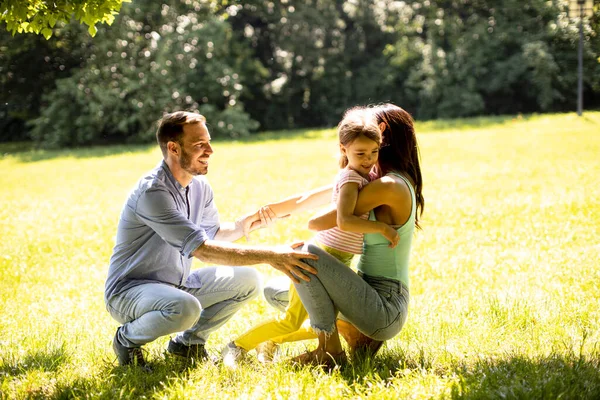 在阳光灿烂的日子 快乐的年轻家庭和可爱的小女儿在公园里玩得开心 — 图库照片
