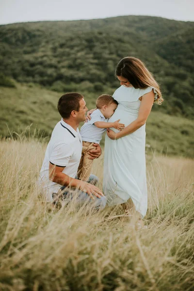 Genç Bir Aile Küçük Tatlı Bir Çocuk Yaz Tarlasında Eğleniyorlar — Stok fotoğraf