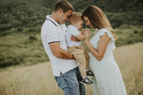 Genç bir aile ve küçük tatlı bir çocuk yaz tarlasında eğleniyorlar.