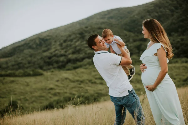 Família Jovem Com Menino Bonito Divertindo Livre Campo Verão — Fotografia de Stock