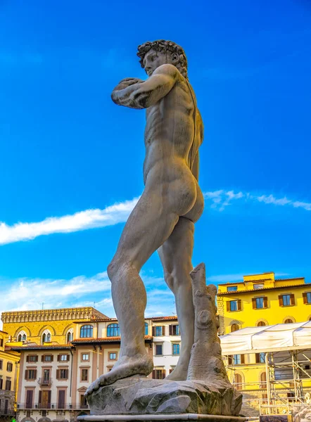 Reproductie Van Michelangelo Standbeeld David Tegenover Palazzo Vecchio Florence Italië — Stockfoto