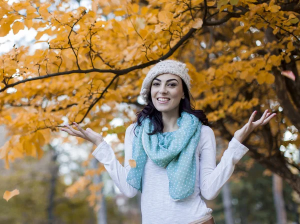 Mulher na floresta de outono — Fotografia de Stock