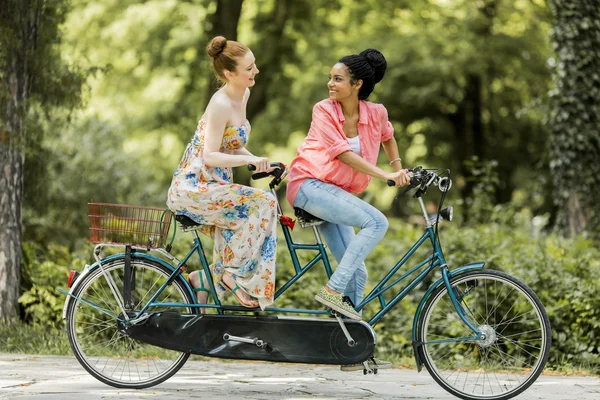 Young women riding on the tandem bicycle — Stock Photo, Image