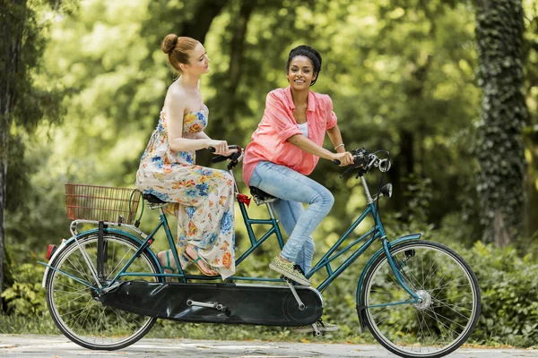 Unga kvinnor ridning på tandem cykel — Stockfoto