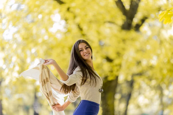 Mujer joven en el bosque de otoño — Foto de Stock