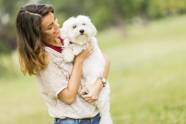 Mujer con un perro maltés — Foto de Stock