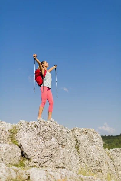 Genç kadın dağda hiking — Stok fotoğraf