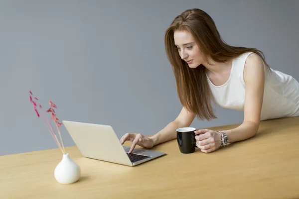 Молода жінка з ноутбуком в офісі — стокове фото