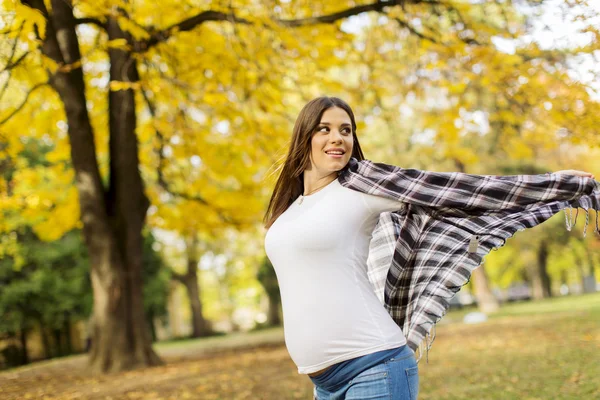 Junge schwangere Frau im Herbstpark — Stockfoto