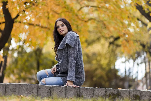 Mladá žena v podzimním parku — Stock fotografie