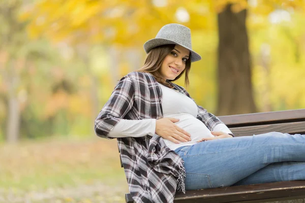 Mujer embarazada joven en el parque de otoño — Foto de Stock