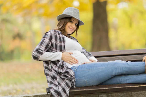 Giovane donna incinta nel parco autunnale — Foto Stock