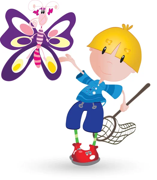 Niño con mariposa — Vector de stock