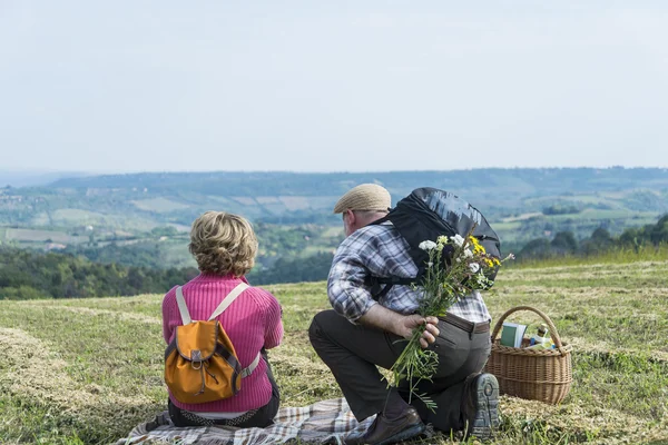 Pareja mayor sentada en el campo — Foto de Stock