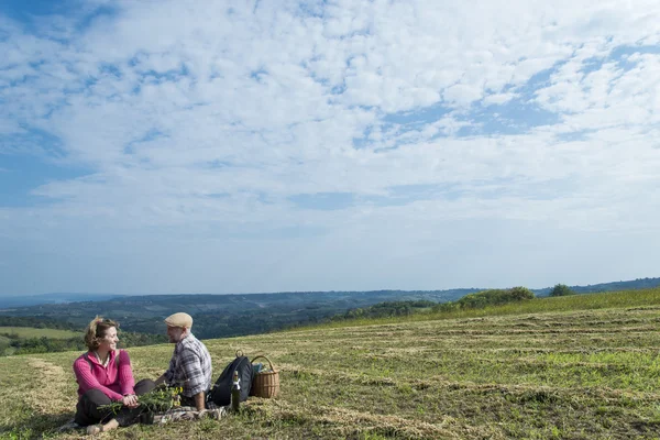 Старшая пара, сидящая в поле — стоковое фото